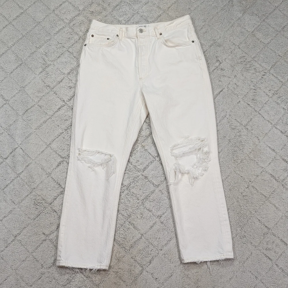 Agolde Jeans Womens 31 White Veil Riley High Rise Straight Crop Cotton Distress